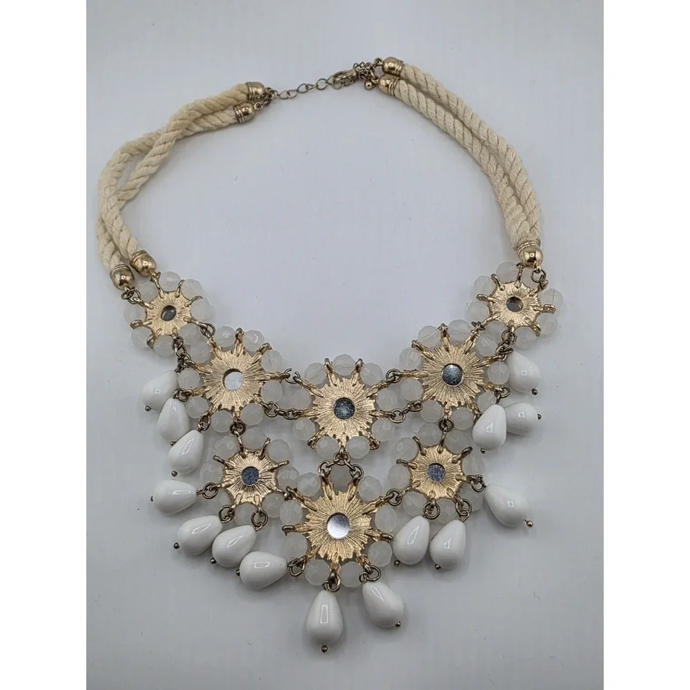 Banana Republic Necklace White Beaded Flower Bib Rope Rhinestone Statement